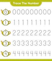 Trace the number. Tracing number with Teapot. Educational children game, printable worksheet, vector illustration