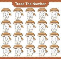 Trace the number. Tracing number with Shiitake. Educational children game, printable worksheet, vector illustration