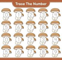 Trace the number. Tracing number with Shiitake. Educational children game, printable worksheet, vector illustration