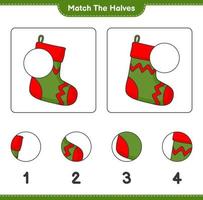 Match the halves. Match halves of Christmas Sock. Educational children game, printable worksheet, vector illustration