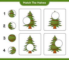 Match the halves. Match halves of Christmas Tree. Educational children game, printable worksheet, vector illustration