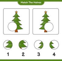 Empareja las mitades. emparejar las mitades del árbol de navidad. juego educativo para niños, hoja de cálculo imprimible, ilustración vectorial vector