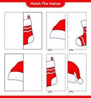 Match the halves. Match halves of Santa Hat and Christmas Sock. Educational children game, printable worksheet, vector illustration