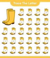 Trace the letter. Tracing letter alphabet with Rubber Boots. Educational children game, printable worksheet, vector illustration