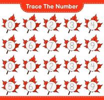 Trace the number. Tracing number with Maple Leaf. Educational children game, printable worksheet, vector illustration