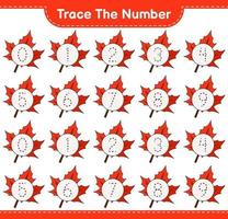 Trace the number. Tracing number with Maple Leaf. Educational children game, printable worksheet, vector illustration