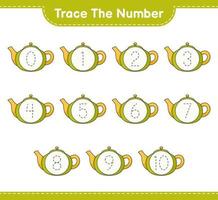 Trace the number. Tracing number with Teapot. Educational children game, printable worksheet, vector illustration