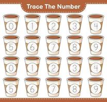 Trace the number. Tracing number with Coffee Cup. Educational children game, printable worksheet, vector illustration