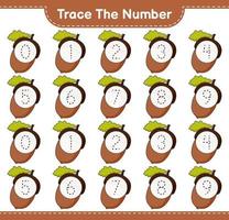 Trace the number. Tracing number with Acorn. Educational children game, printable worksheet, vector illustration