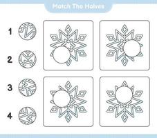 Empareja las mitades. emparejar las mitades del copo de nieve. juego educativo para niños, hoja de cálculo imprimible, ilustración vectorial vector