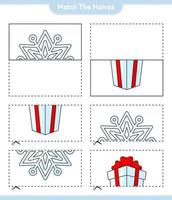 Match the halves. Match halves of Snowflake and Gift Box. Educational children game, printable worksheet, vector illustration