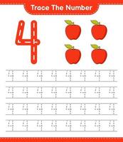 Trace the number. Tracing number with Apple. Educational children game, printable worksheet, vector illustration