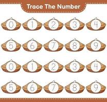 Trace the number. Tracing number with Pie. Educational children game, printable worksheet, vector illustration