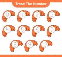 Trace the number. Tracing number with Croissant. Educational children game, printable worksheet, vector illustration