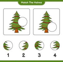 Empareja las mitades. emparejar las mitades del árbol de navidad. juego educativo para niños, hoja de cálculo imprimible, ilustración vectorial vector