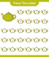 Trace the letter. Tracing letter alphabet with Teapot. Educational children game, printable worksheet, vector illustration