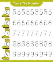 Trace the number. Tracing number with Rubber Boots. Educational children game, printable worksheet, vector illustration