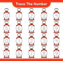 Trace the number. Tracing number with Lantern. Educational children game, printable worksheet, vector illustration