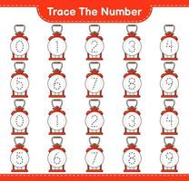 Trace the number. Tracing number with Lantern. Educational children game, printable worksheet, vector illustration