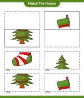 Empareja las mitades. combina las mitades del calcetín de navidad y el árbol de navidad. juego educativo para niños, hoja de cálculo imprimible, ilustración vectorial vector