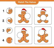 Match the halves. Match halves of Gingerbread Man. Educational children game, printable worksheet, vector illustration