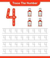 Trace the number. Tracing number with Lantern. Educational children game, printable worksheet, vector illustration