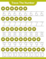 Trace the number. Tracing number with Donut. Educational children game, printable worksheet, vector illustration