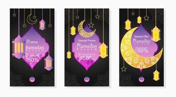 set of labels promotion with mosque and mandala ornaments for ramadan kareem sale banner illustration vector