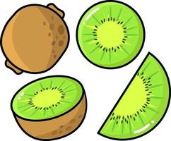 kiwi set icon vector graphic illustration, fresh kiwi, slice, one and a half slice in white background, fresh tropical fruit in set