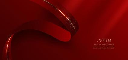 Abstract 3d gold curved red ribbon on red background with lighting effect and sparkle with copy space for text. Luxury design style. vector