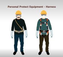 equipo de arneses de seguridad y cuerda de seguridad para trabajos en alturas vector