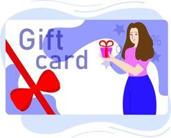 A gift card with a woman holding a gift in her hands. Flat vector illustration.