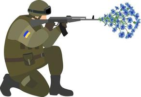 A Ukrainian soldier shoots cornflowers from a machine gun, standing on one knee. Vector illustration isolated on a white background. Shoots flowers from a weapon.