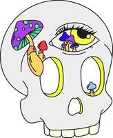 A psychedelic skull with a third eye and mushrooms climbing out of the socket. Surrealism vector