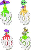 un conjunto de cuatro calaveras psicodélicas con setas y flores encima. ilustración vectorial aislada en un fondo blanco vector