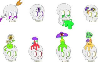 A set of eight psychedelic skulls. Vector illustration isolated on a white background