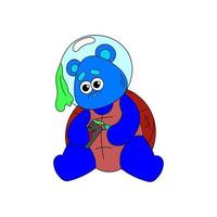 A cute psychedelic bear with a turtle shell squeezes toothpaste onto the phone. Flat vector illustration. Surrealism