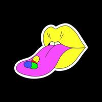 Psychedelic yellow lips with a protruding tongue. Pills on the tongue. vector