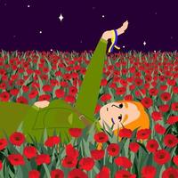 A girl in a military uniform, lies in a field of poppies at night, raising her hand up, a ribbon with the flag of Ukraine on her arm. Support Ukraine. Flat vector illustration.
