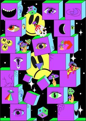 Space clap in the style of the 60s, psychedelic geometry. Vector crazy illustration. Smiley face, magic mushrooms, cosmos, techno, acid, trippy style. Psychedelic poster. Surrealism