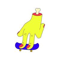 A psychedelic severed arm with a protruding bone is riding a fingerboard. Psychedelics, surrealism vector