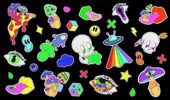 A set of psychedelic stickers, UFOs, a skull spitting acid, a mushroom with an eye, pizza with psychedelic mushrooms. Surrealism. vector