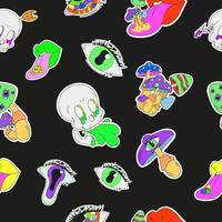 Seamless psychedelic pattern with mushrooms. skulls, lips and eyes. Surrealism vector