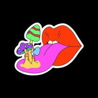 Psychedelic red lips with a protruding tongue. Mushrooms growing from the tongue. Surrealism vector