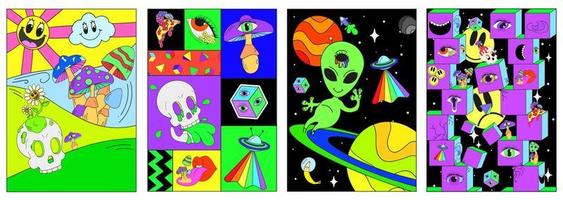 A set of psychedelic posters with space, crazy mushrooms, geometry, skulls, UFOs and an alien. Surrealism vector