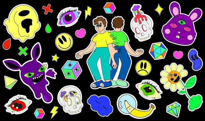 A set of psychedelic stickers with a strange man, a psychedelic purple rabbit, psychedelic skulls and eyes. Surrealism