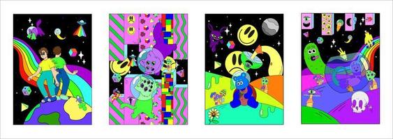 A set of psychedelic posters with space, crazy mushrooms, geometry, skulls, space animals. Surrealism vector