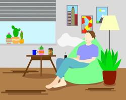 The guy is vaping while sitting at home in a bag chair. Vector illustration. The guy is sitting in her room. Electronic cigarette