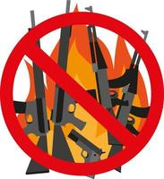 An illustration prohibiting weapons. Submachine guns under a red circle, against a background of fire. Stop the war vector