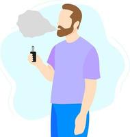 The bearded man is vaping. Flat vector illustration isolated on a white background